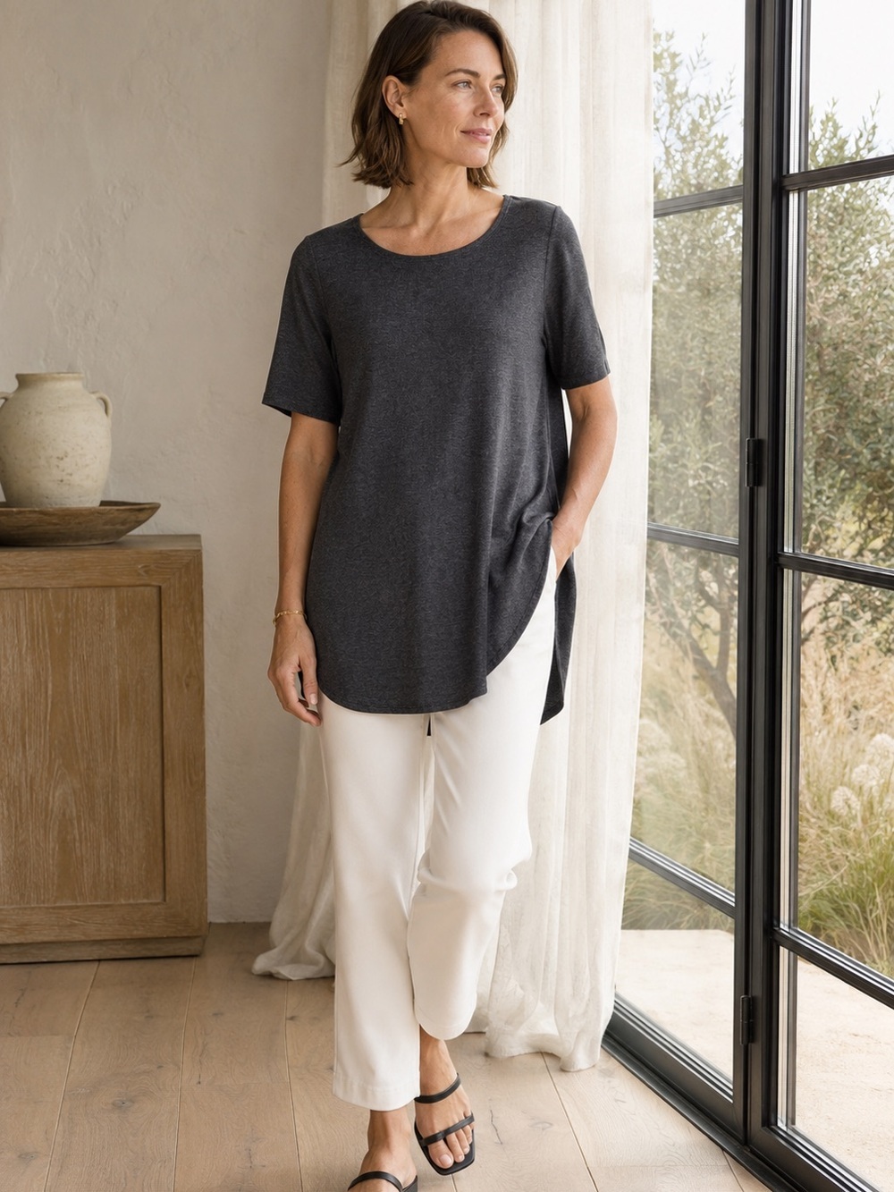Eileen Fisher Tencel Stretch Jersey High Low Tunic Top Gray Medium